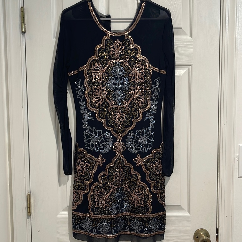 Long sleeve mesh sequined dress